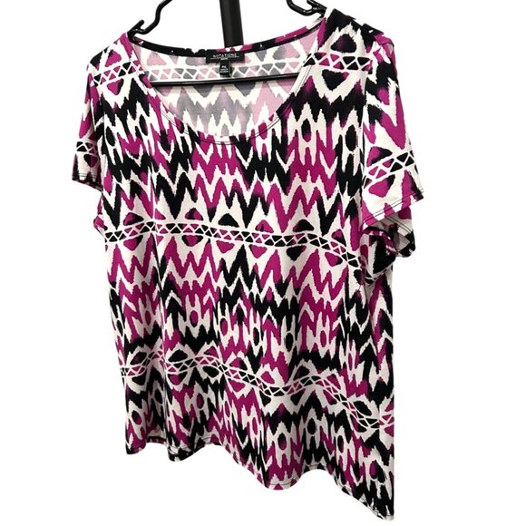 Notations Petite Womens Multicolor Ikat Print Short Flutter Sleeve Top Sz XLP - Picture 3 of 8